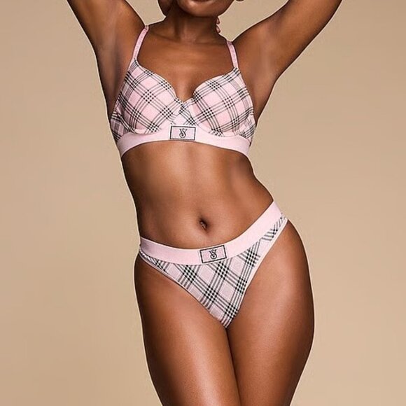 32DD/S Victoria Secret Shine Patch Cotton Push Up Bra Set Thong Panty Pink Plaid - Picture 2 of 13